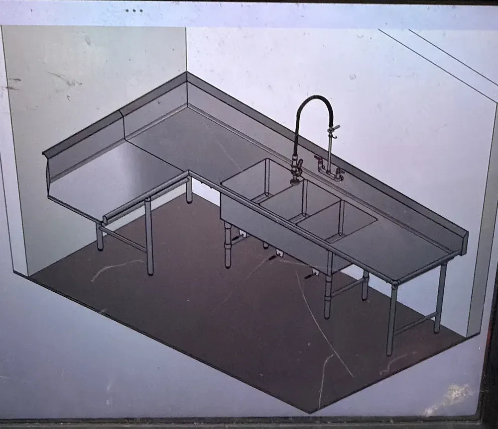 Three dimensional shop drawing of the counter and sink assembly with the pre rinse faucet